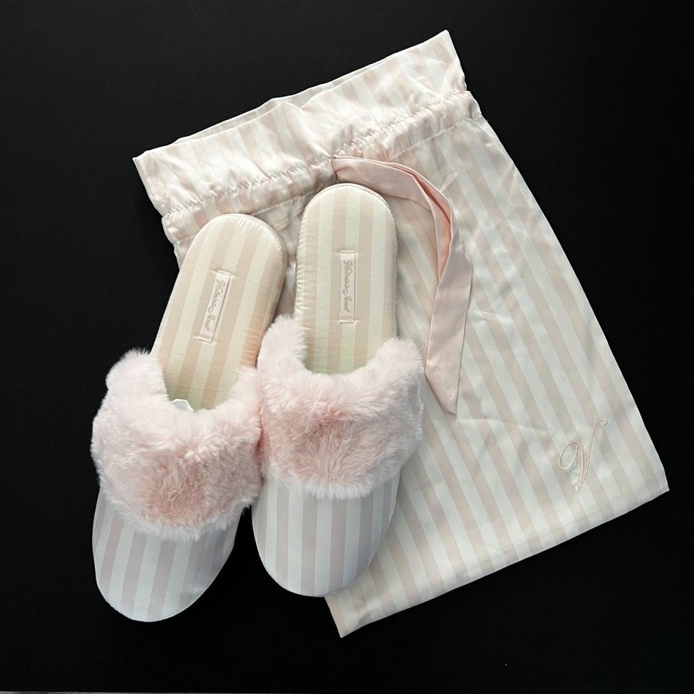 Victoria's Secret Pink Striped Slippers Faux Fur Size 10 Large 11 Travel…